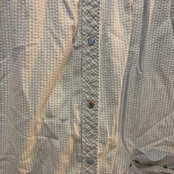 Vintage housecoat nightgown Granada blue checked w floral embroidery pearl snaps - Picture 7 of 8